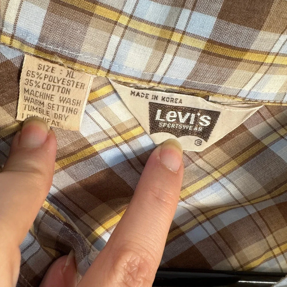 Vintage Levis Sportswear Western Pearl Snap Shirt Plaid Brown Blue Mens XL Cabin